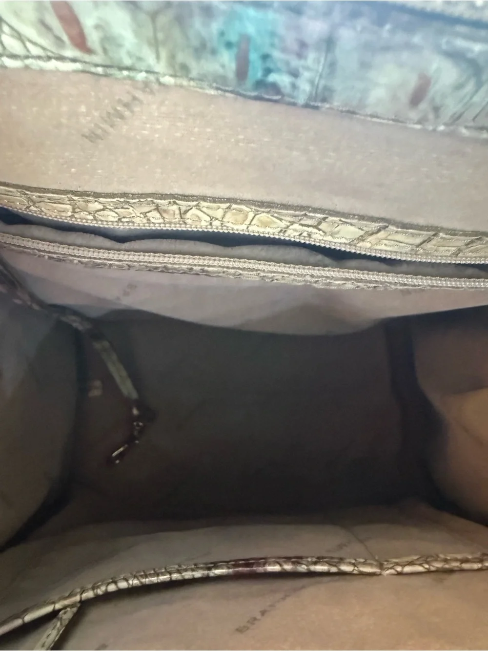 Brahmin Green and Mauve Croc-Embossed Satchel